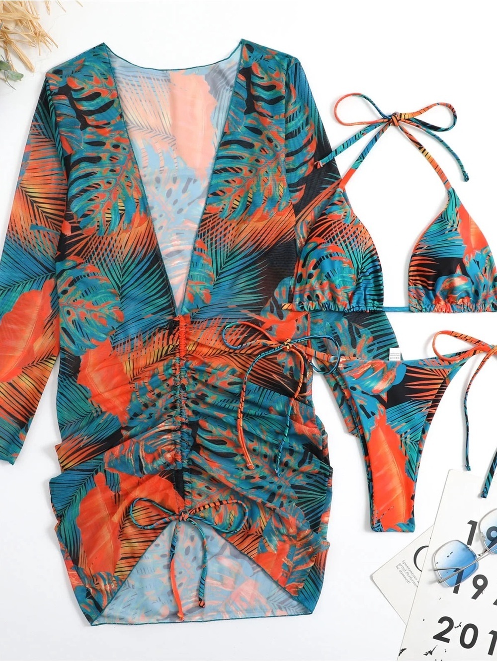 Roxylicia Teal & Orange Tropical Ruched Bikini Dress Large 🔥🩵🔥🩵🔥 - Picture 5 of 8